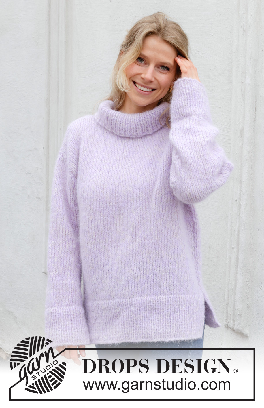 Lavender Story / DROPS 243-20 - Knitted jumper in DROPS Melody and DROPS Brushed Alpaca Silk. The piece is worked back and forth, bottom up, with sewn-in sleeves and high neck. Sizes S - XXXL.