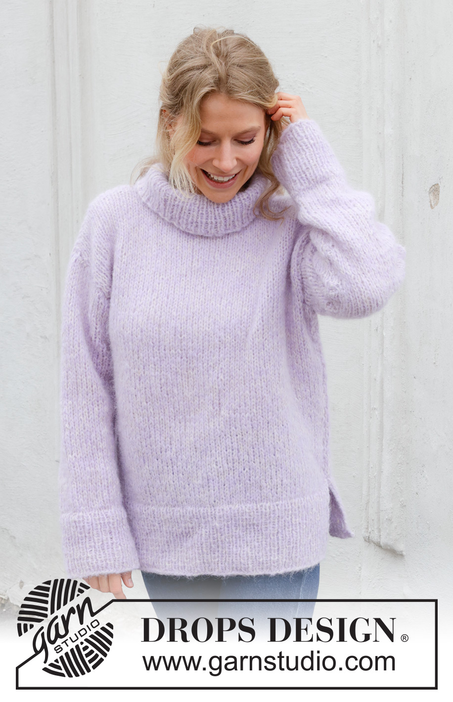 Lavender Story / DROPS 243-20 - Knitted jumper in DROPS Melody and DROPS Brushed Alpaca Silk. The piece is worked back and forth, bottom up, with sewn-in sleeves and high neck. Sizes S - XXXL.
