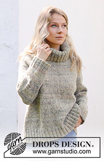 Hidden Forest Sweater / DROPS 243-21 - Knitted sweater in DROPS Fabel and DROPS Brushed Alpaca Silk. The piece is worked top down with raglan and high neck. Sizes S - XXXL.