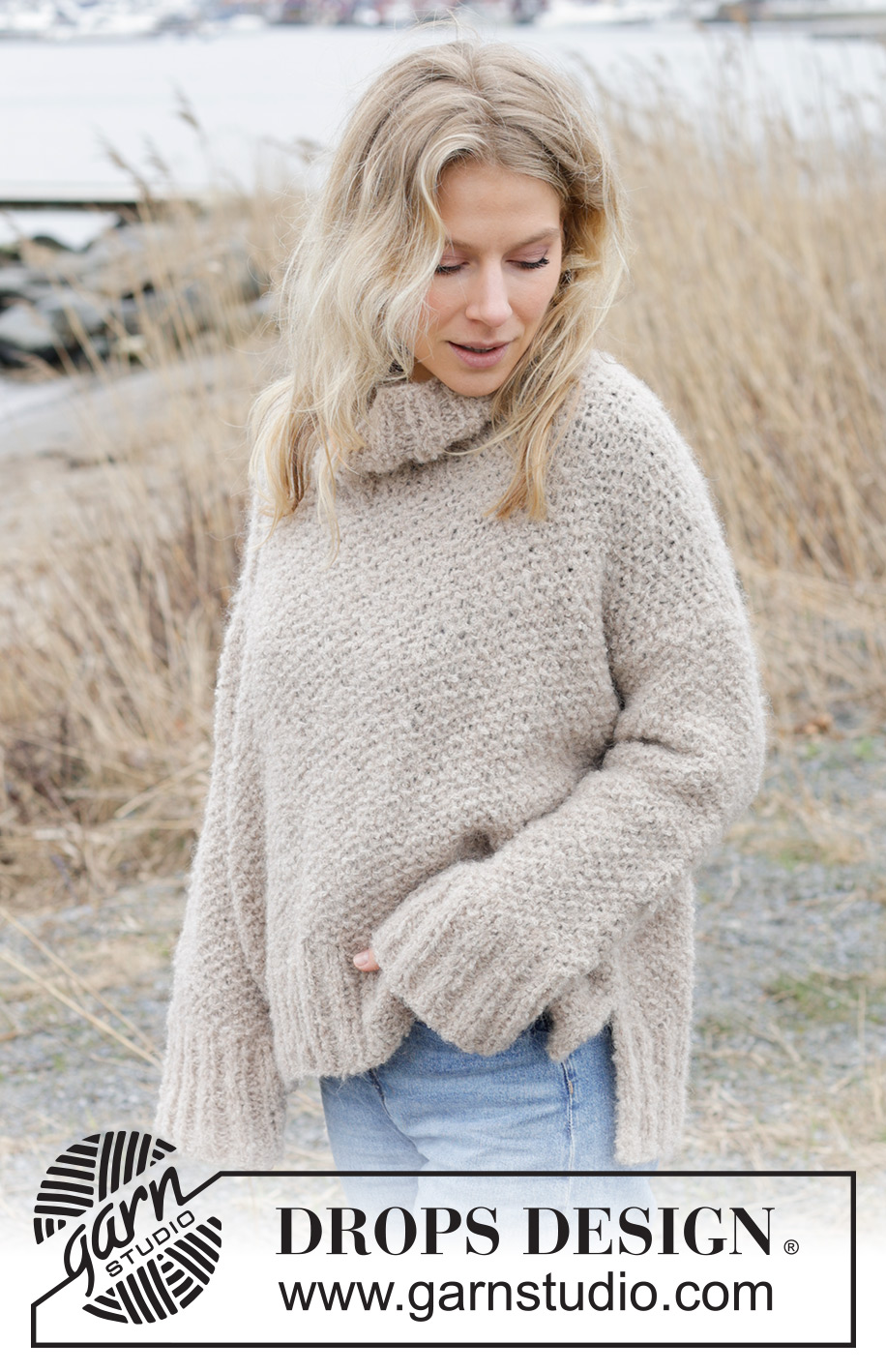 Outdoor Escape Sweater / DROPS 243-24 - Knitted jumper in DROPS Alpaca Bouclé and DROPS Brushed Alpaca Silk. The piece is worked top down with European/diagonal shoulders, moss stitch, high neck and split in sides. Sizes S - XXXL.