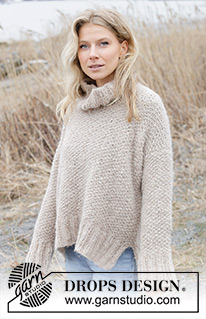 Outdoor Escape Sweater / DROPS 243-24 - Knitted jumper in DROPS Alpaca Bouclé and DROPS Brushed Alpaca Silk. The piece is worked top down with European/diagonal shoulders, moss stitch, high neck and split in sides. Sizes S - XXXL.