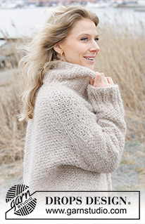 Outdoor Escape Sweater / DROPS 243-24 - Knitted jumper in DROPS Alpaca Bouclé and DROPS Brushed Alpaca Silk. The piece is worked top down with European/diagonal shoulders, moss stitch, high neck and split in sides. Sizes S - XXXL.