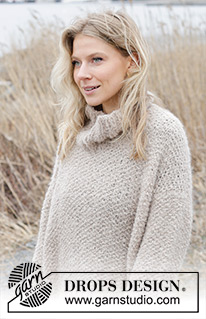 Outdoor Escape Sweater / DROPS 243-24 - Knitted jumper in DROPS Alpaca Bouclé and DROPS Brushed Alpaca Silk. The piece is worked top down with European/diagonal shoulders, moss stitch, high neck and split in sides. Sizes S - XXXL.