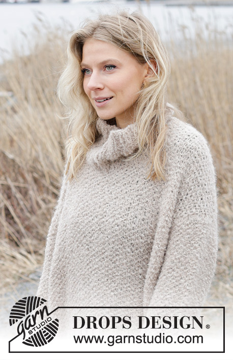 Outdoor Escape Sweater / DROPS 243-24 - Knitted jumper in DROPS Alpaca Bouclé and DROPS Brushed Alpaca Silk. The piece is worked top down with European/diagonal shoulders, moss stitch, high neck and split in sides. Sizes S - XXXL.