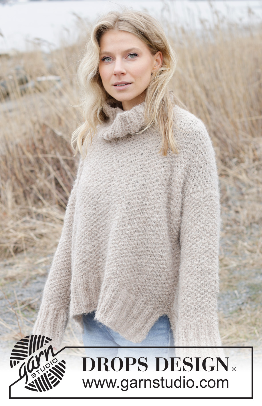 Outdoor Escape Sweater / DROPS 243-24 - Knitted jumper in DROPS Alpaca Bouclé and DROPS Brushed Alpaca Silk. The piece is worked top down with European/diagonal shoulders, moss stitch, high neck and split in sides. Sizes S - XXXL.