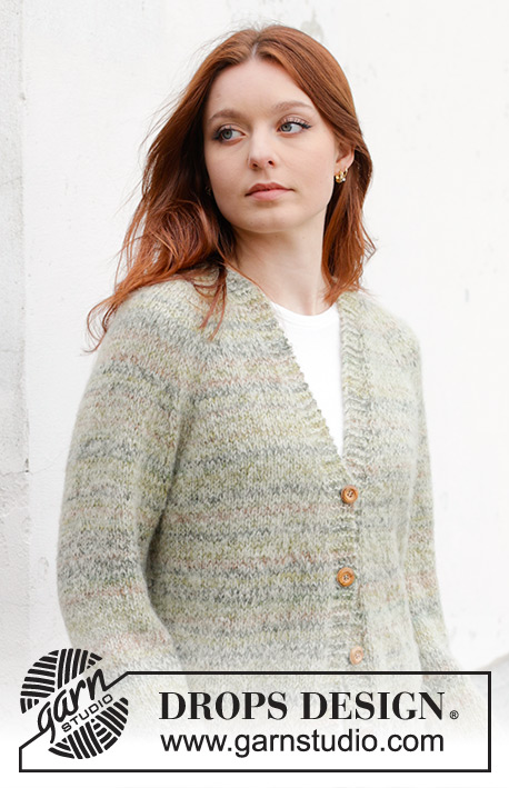 Hidden Forest Cardigan / DROPS 243-25 - DROPS Fabel ja DROPS Brushed Alpaca Silk lõngadest ülevalt alla kootud raglaan varrukatega ja V-kaelusega kardigan suurustele S kuni XXXL