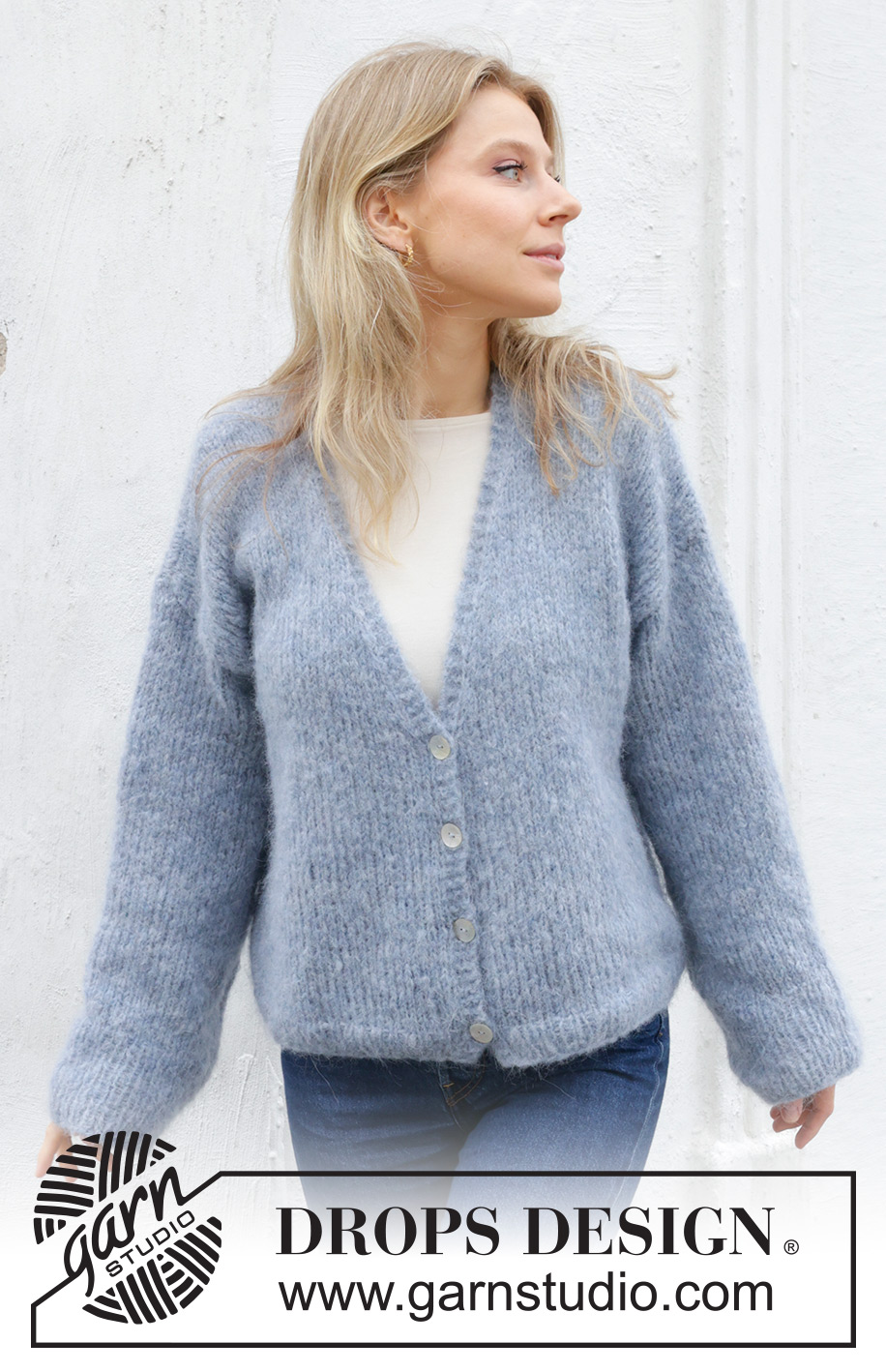 Open Sky Cardigan / DROPS 243-29 - Knitted basic jacket in DROPS Melody. The piece is worked bottom up with stocking stitch and V-neck. Sizes XS - XXL.