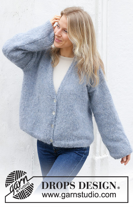 Open Sky Cardigan / DROPS 243-29 - Knitted basic jacket in DROPS Melody. The piece is worked bottom up with stocking stitch and V-neck. Sizes XS - XXL.