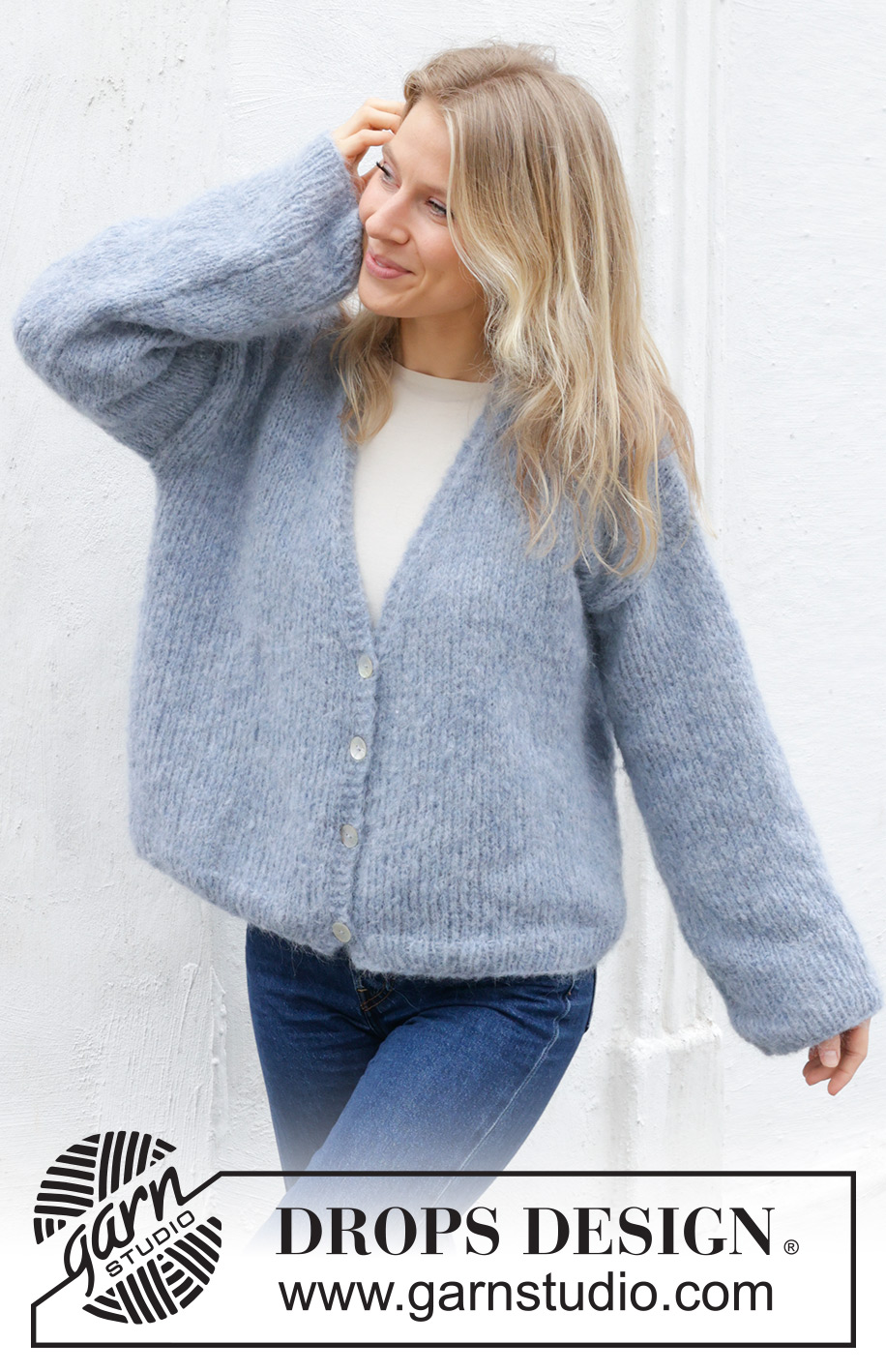 Open Sky Cardigan / DROPS 243-29 - Knitted basic jacket in DROPS Melody. The piece is worked bottom up with stocking stitch and V-neck. Sizes XS - XXL.