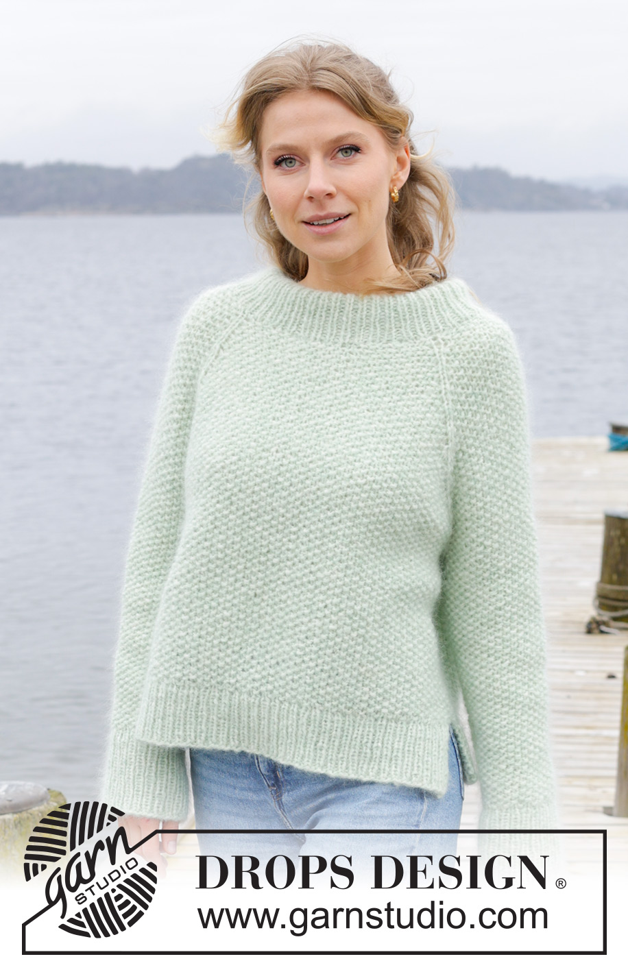 Green Whisper / DROPS 243-3 - Knitted sweater in DROPS Air and DROPS Kid-Silk. The piece is worked top down with moss stitch, double neck, raglan and split in sides. Sizes S - XXXL.