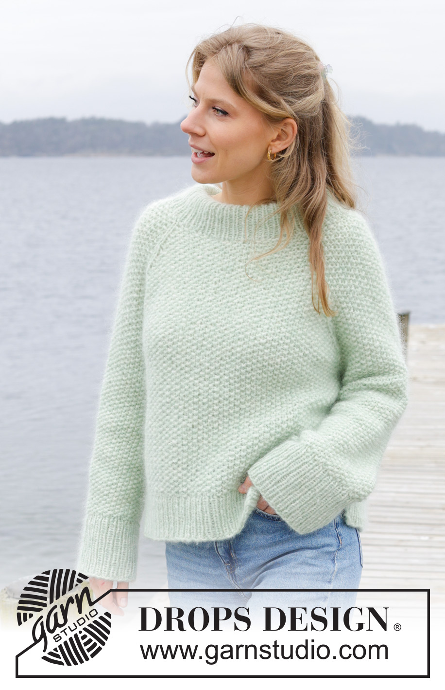 Green Whisper / DROPS 243-3 - Knitted sweater in DROPS Air and DROPS Kid-Silk. The piece is worked top down with moss stitch, double neck, raglan and split in sides. Sizes S - XXXL.
