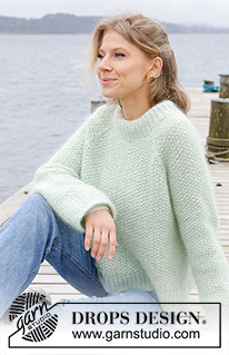 Green Whisper / DROPS 243-3 - Knitted sweater in DROPS Air and DROPS Kid-Silk. The piece is worked top down with moss stitch, double neck, raglan and split in sides. Sizes S - XXXL.
