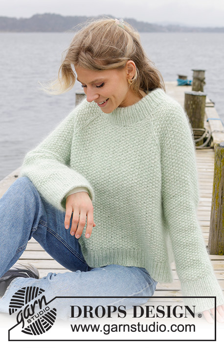 Green Whisper / DROPS 243-3 - Knitted sweater in DROPS Air and DROPS Kid-Silk. The piece is worked top down with moss stitch, double neck, raglan and split in sides. Sizes S - XXXL.