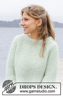 Green Whisper / DROPS 243-3 - Knitted sweater in DROPS Air and DROPS Kid-Silk. The piece is worked top down with moss stitch, double neck, raglan and split in sides. Sizes S - XXXL.
