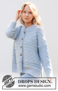 Snow Flake Cardigan / DROPS 243-31 - Poikittain neulottu jakku DROPS Merino Extra Fine- ja DROPS Kid-Silk -langoista. Työssä on palmikoita, pitsineuletta, kaksinkertainen pääntien reunus ja sivuhalkiot. Koot XS - XXL.