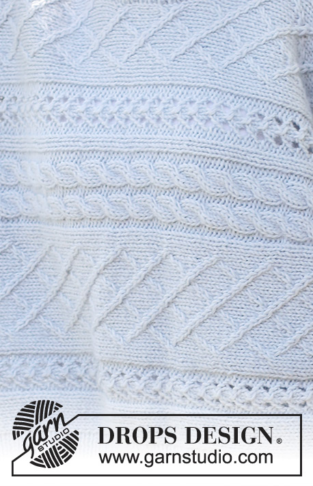 Snow Flake Sweater / DROPS 243-32 - Knitted sweater in DROPS Merino Extra Fine and DROPS Kid-Silk. The piece is worked sideways with cables, lace pattern, double neck and split in sides. Sizes XS - XXL.