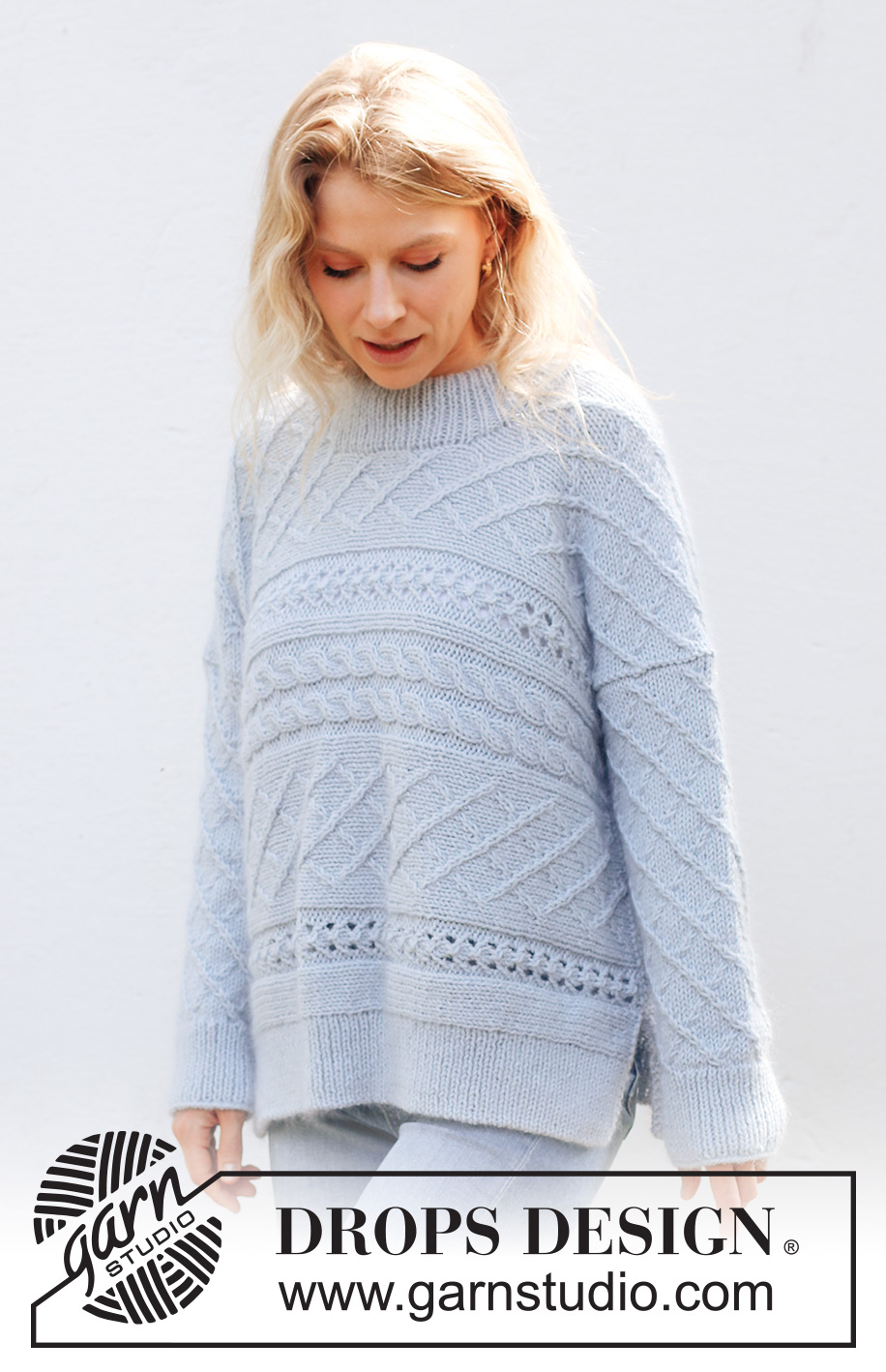 Snow Flake Sweater / DROPS 243-32 - Knitted sweater in DROPS Merino Extra Fine and DROPS Kid-Silk. The piece is worked sideways with cables, lace pattern, double neck and split in sides. Sizes XS - XXL.