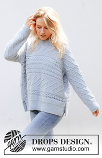 Snow Flake Sweater / DROPS 243-32 - Knitted sweater in DROPS Merino Extra Fine and DROPS Kid-Silk. The piece is worked sideways with cables, lace pattern, double neck and split in sides. Sizes XS - XXL.