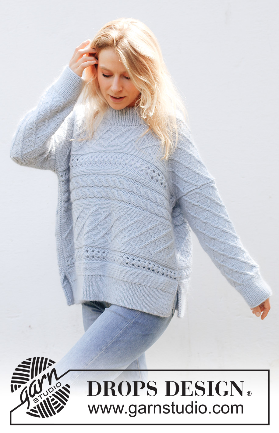 Snow Flake Sweater / DROPS 243-32 - Knitted sweater in DROPS Merino Extra Fine and DROPS Kid-Silk. The piece is worked sideways with cables, lace pattern, double neck and split in sides. Sizes XS - XXL.