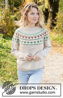 Reindeer Dance Sweater / DROPS 243-35 - Pulôver tricotado de cima para baixo em DROPS Daisy. Tricota-se com gola dobrada, encaixe arredondado e jacquard de renas. Do S ao XXXL.