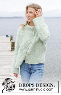 Green Whisper Cardigan / DROPS 243-4 - Kötött kardigán DROPS Air és DROPS Kid Silk fonalból. A darabot fentről lefelé irányban készítjük, rizsmintával, dupla nyakkal, raglán szabásvonallal, és az oldalán hasítékkal. S - XXXL méretekben.