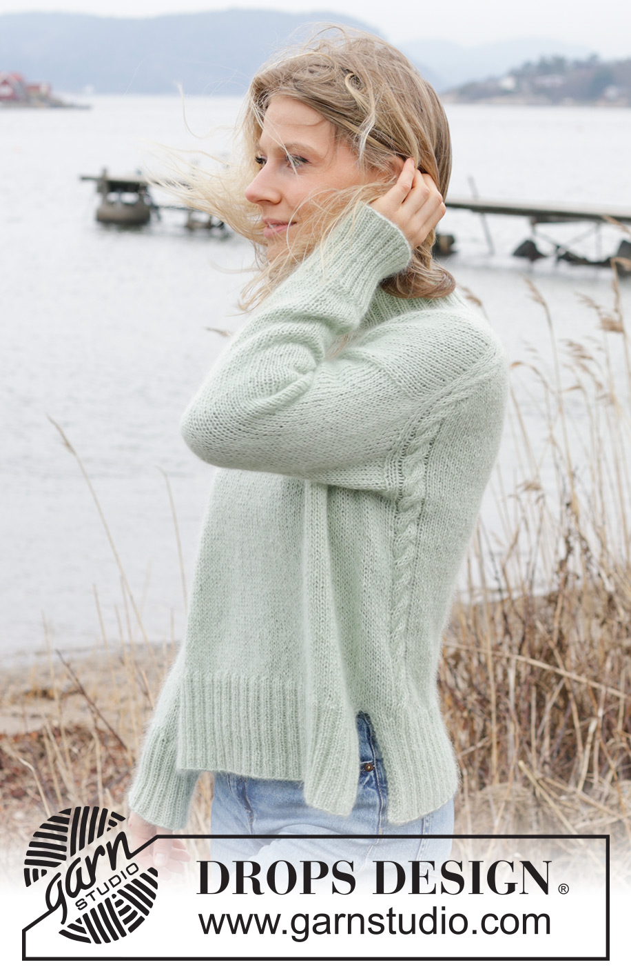 Whisper of Spring / DROPS 243-6 - Knitted jumper in DROPS Alpaca and DROPS Kid-Silk. The piece is worked top down with European/diagonal shoulders, cables and split in sides. Sizes S - XXXL.