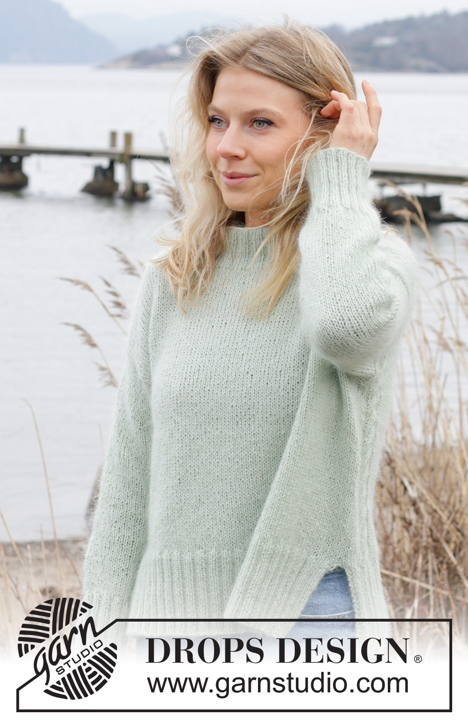Whisper of Spring / DROPS 243-6 - Knitted jumper in DROPS Alpaca and DROPS Kid-Silk. The piece is worked top down with European/diagonal shoulders, cables and split in sides. Sizes S - XXXL.