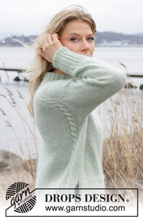 Whisper of Spring / DROPS 243-6 - Knitted jumper in DROPS Alpaca and DROPS Kid-Silk. The piece is worked top down with European/diagonal shoulders, cables and split in sides. Sizes S - XXXL.