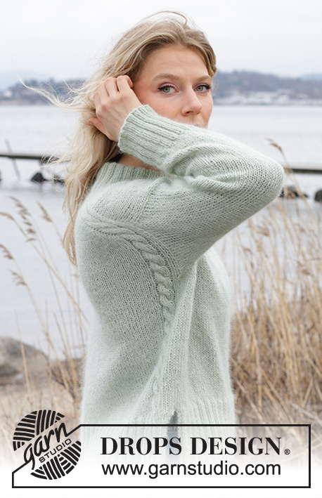 Whisper of Spring / DROPS 243-6 - Knitted jumper in DROPS Alpaca and DROPS Kid-Silk. The piece is worked top down with European/diagonal shoulders, cables and split in sides. Sizes S - XXXL.
