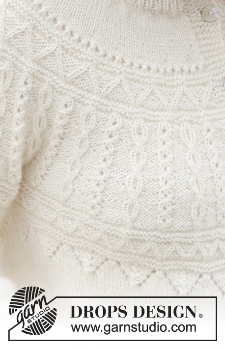 Avalanche Cardigan / DROPS 243-7 - Strikket jakke i DROPS BabyMerino. Arbeidet strikkes ovenfra og ned med dobbel halskant, rundfelling, relieffmønster og splitt i sidene. Størrelse S - XXXL.
