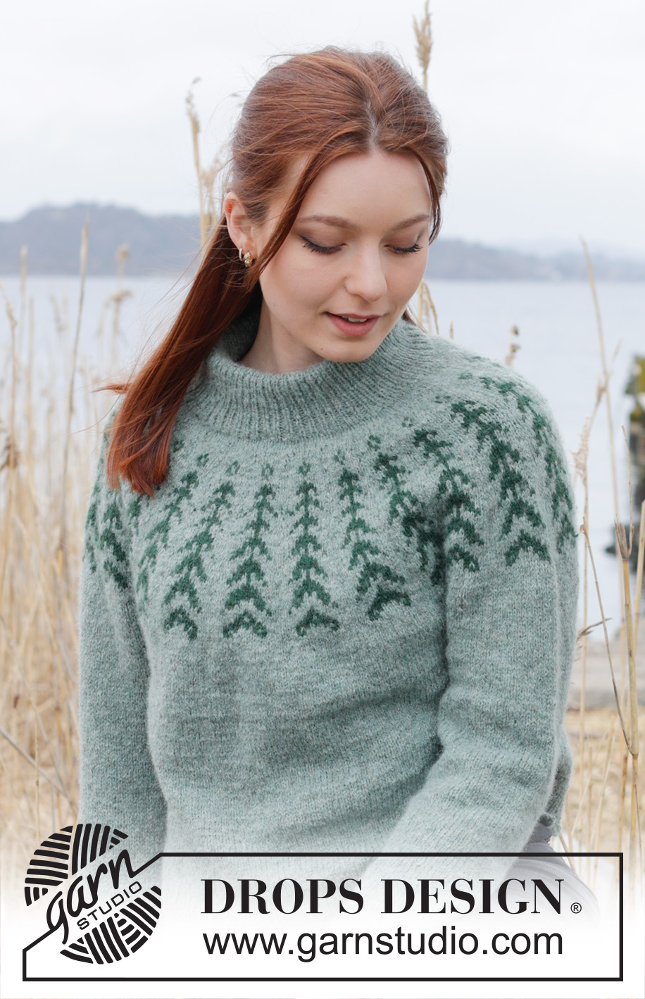 Ancient Woodlands Sweater / DROPS 244-1 - Stickad tröja i DROPS Sky. Arbetet stickas uppifrån och ner med dubbel halskant, runt ok, nordiskt mönster och sprund i sidorna. Storlek S - XXXL.