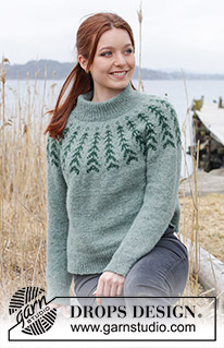 Ancient Woodlands Sweater / DROPS 244-1 - Stickad tröja i DROPS Sky. Arbetet stickas uppifrån och ner med dubbel halskant, runt ok, nordiskt mönster och sprund i sidorna. Storlek S - XXXL.