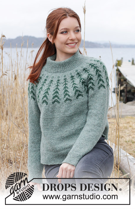 Ancient Woodlands Sweater / DROPS 244-1 - Stickad tröja i DROPS Sky. Arbetet stickas uppifrån och ner med dubbel halskant, runt ok, nordiskt mönster och sprund i sidorna. Storlek S - XXXL.