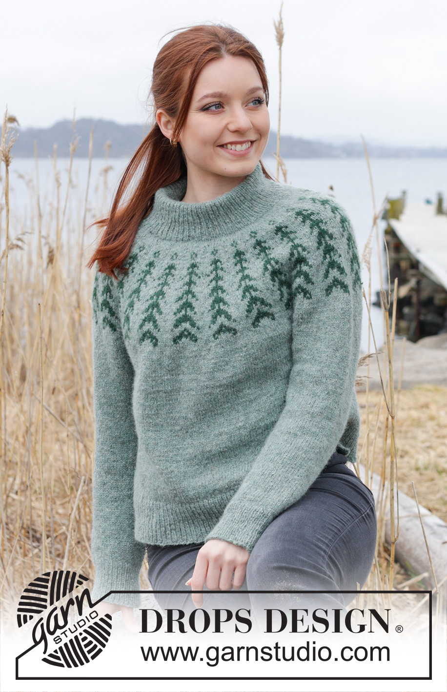 Ancient Woodlands Sweater / DROPS 244-1 - Stickad tröja i DROPS Sky. Arbetet stickas uppifrån och ner med dubbel halskant, runt ok, nordiskt mönster och sprund i sidorna. Storlek S - XXXL.