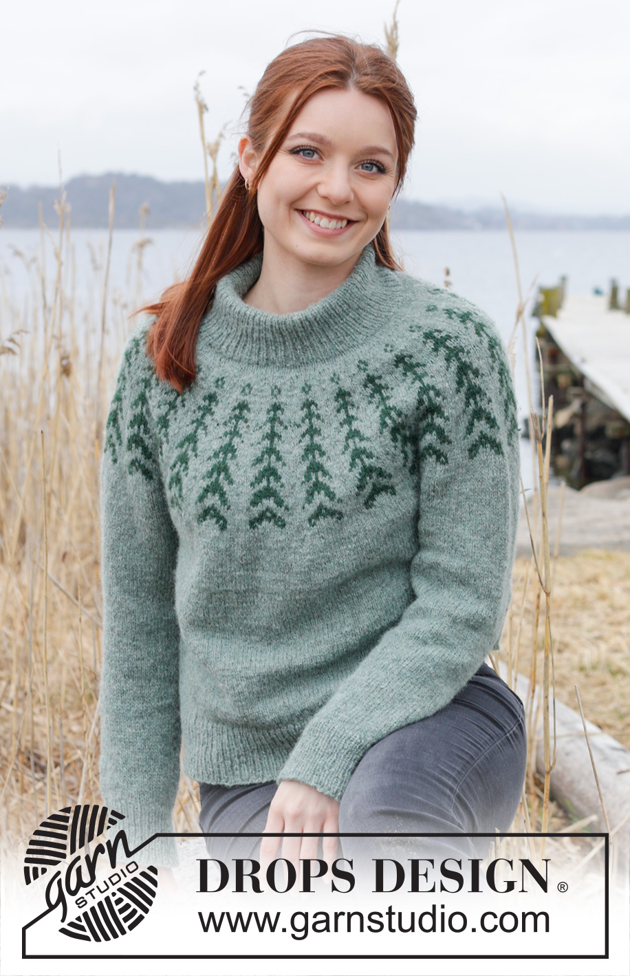 Ancient Woodlands Sweater / DROPS 244-1 - Stickad tröja i DROPS Sky. Arbetet stickas uppifrån och ner med dubbel halskant, runt ok, nordiskt mönster och sprund i sidorna. Storlek S - XXXL.
