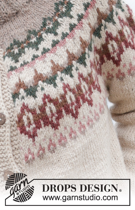 Forest Echo Cardigan / DROPS 244-10 - Chaqueta a punto en DROPS Nepal. La labor está realizada de arriba abajo con canesú redondo, patrón de jacquard, cuello doble y aberturas laterales. Tallas S - XXXL.
