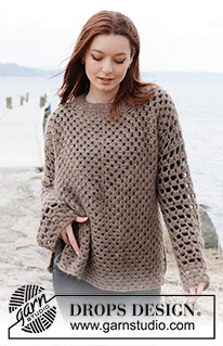 Chestnut Bay / DROPS 244-14 - Hæklet bluse med slids i siderne i DROPS Brushed Alpaca Silk og DROPS Flora. Arbejdet hækles fra midten og ud med hæklet rude. Størrelse S - XXXL.