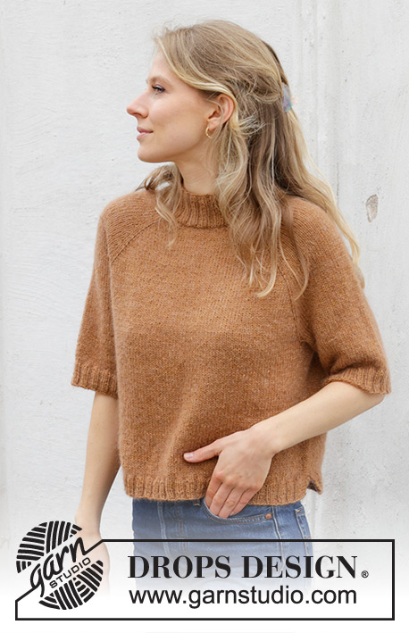 Ginger Tea Top / DROPS 244-15 - Strikket bluse i DROPS Flora og DROPS Kid-Silk. Arbejdet strikkes oppefra og ned med raglan, glatstrik og korte ærmer. Størrelse S - XXXL.