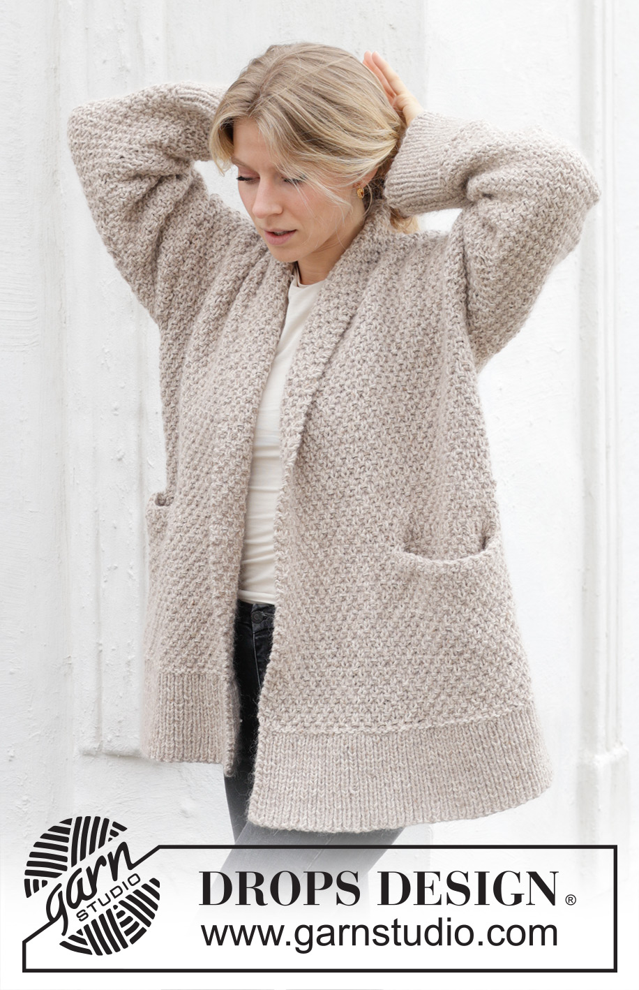 Oat Flakes Cardigan / DROPS 244-16 - Knitted jacket in DROPS Soft Tweed and DROPS Kid-Silk. The piece is worked bottom up with moss stitch, shawl-collar, pockets and split in sides. Sizes S - XXXL.