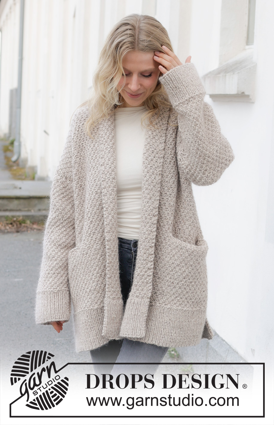Oat Flakes Cardigan / DROPS 244-16 - Knitted jacket in DROPS Soft Tweed and DROPS Kid-Silk. The piece is worked bottom up with moss stitch, shawl-collar, pockets and split in sides. Sizes S - XXXL.