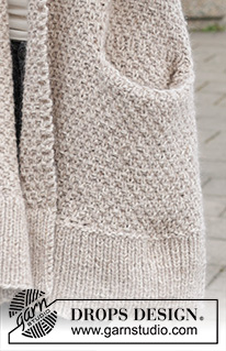 Oat Flakes Cardigan / DROPS 244-16 - Knitted jacket in DROPS Soft Tweed and DROPS Kid-Silk. The piece is worked bottom up with moss stitch, shawl-collar, pockets and split in sides. Sizes S - XXXL.