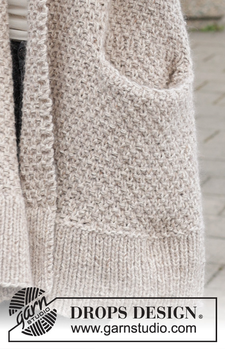 Oat Flakes Cardigan / DROPS 244-16 - Knitted jacket in DROPS Soft Tweed and DROPS Kid-Silk. The piece is worked bottom up with moss stitch, shawl-collar, pockets and split in sides. Sizes S - XXXL.