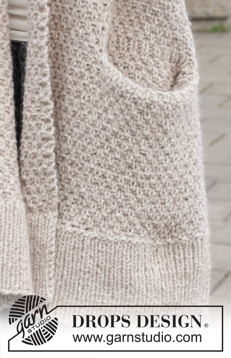 Oat Flakes Cardigan / DROPS 244-16 - Knitted jacket in DROPS Soft Tweed and DROPS Kid-Silk. The piece is worked bottom up with moss stitch, shawl-collar, pockets and split in sides. Sizes S - XXXL.