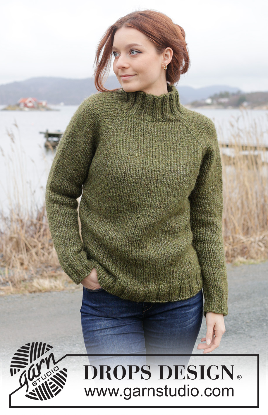 Mossy Slopes Jumper / DROPS 244-17 - Strikket bluse i 2 tråde DROPS Air eller 1 tråd DROPS Wish. Arbejdet strikkes oppefra og ned med høj hals og raglan. Størrelse XS - XXL.