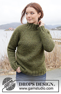 Mossy Slopes Jumper / DROPS 244-17 - Strikket bluse i 2 tråde DROPS Air eller 1 tråd DROPS Wish. Arbejdet strikkes oppefra og ned med høj hals og raglan. Størrelse XS - XXL.
