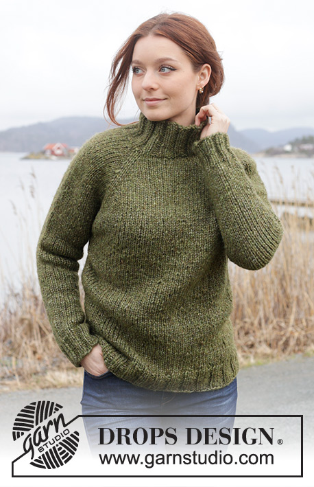 Mossy Slopes Jumper / DROPS 244-17 - Strikket bluse i 2 tråde DROPS Air eller 1 tråd DROPS Wish. Arbejdet strikkes oppefra og ned med høj hals og raglan. Størrelse XS - XXL.