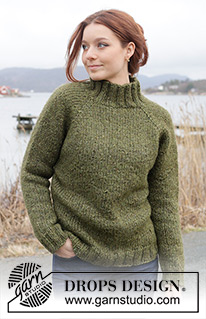 Mossy Slopes Jumper / DROPS 244-17 - Strikket bluse i 2 tråde DROPS Air eller 1 tråd DROPS Wish. Arbejdet strikkes oppefra og ned med høj hals og raglan. Størrelse XS - XXL.