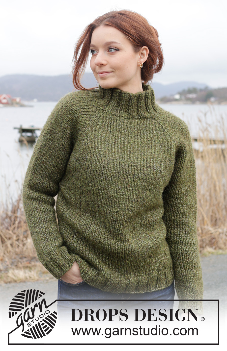 Mossy Slopes Jumper / DROPS 244-17 - Strikket bluse i 2 tråde DROPS Air eller 1 tråd DROPS Wish. Arbejdet strikkes oppefra og ned med høj hals og raglan. Størrelse XS - XXL.