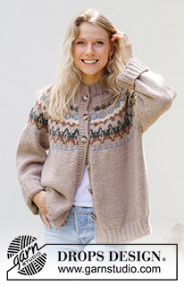 Autumn Reflections Cardigan / DROPS 244-23 - Ylhäältä alas neulottu jakku DROPS Nepal-langasta. Työssä on kaarroke, kirjoneuletta ja kaksinkertainen pääntien reunus. Koot S-XXXL.
