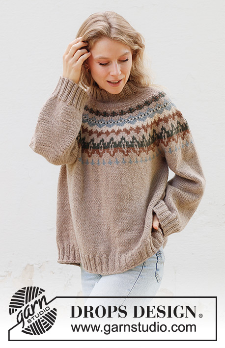 Autumn Reflections Sweater / DROPS 244-24 - Knitted jumper in DROPS Nepal. The piece is worked top down with round yoke, multi-coloured pattern and double neck. Sizes S - XXXL.